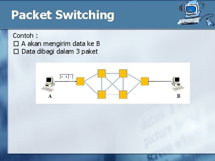 Packet Switching Contoh : � A akan mengirim data ke B � Data dibagi