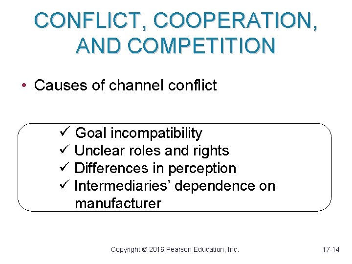 CONFLICT, COOPERATION, AND COMPETITION • Causes of channel conflict ü Goal incompatibility ü Unclear