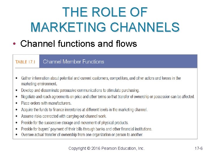 THE ROLE OF MARKETING CHANNELS • Channel functions and flows Copyright © 2016 Pearson