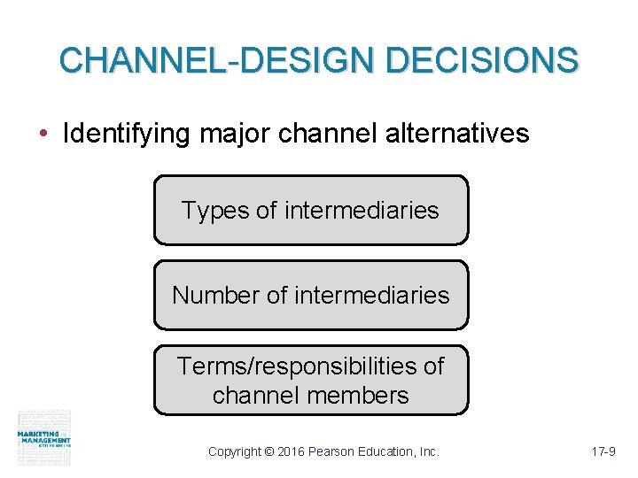 CHANNEL-DESIGN DECISIONS • Identifying major channel alternatives Types of intermediaries Number of intermediaries Terms/responsibilities