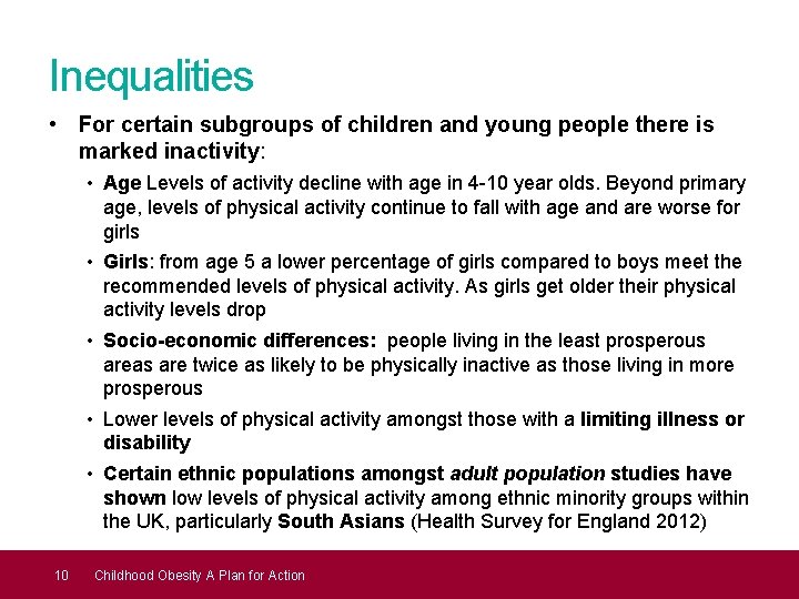 Inequalities • For certain subgroups of children and young people there is marked inactivity: