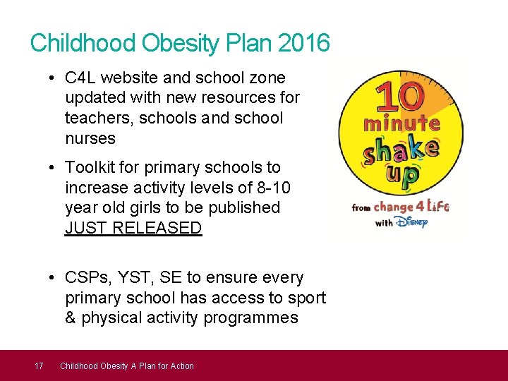 Childhood Obesity Plan 2016 • C 4 L website and school zone updated with