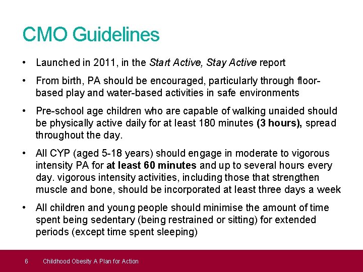 CMO Guidelines • Launched in 2011, in the Start Active, Stay Active report •