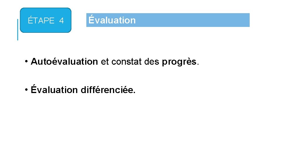 ÉTAPE 4 Évaluation • Autoévaluation et constat des progrès. ETAPE 2 • Évaluation différenciée.