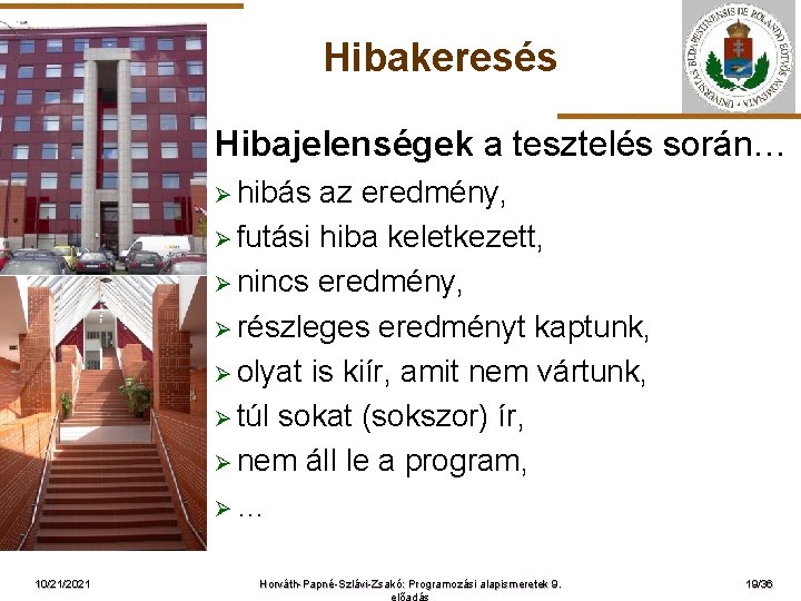 Hibakeresés Hibajelenségek a tesztelés során… Ø hibás ELTE 10/21/2021 az eredmény, Ø futási hiba