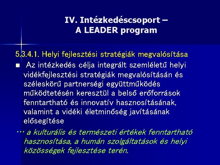 IV. Intézkedéscsoport – A LEADER program 5. 3. 4. 1. Helyi fejlesztési stratégiák megvalósítása