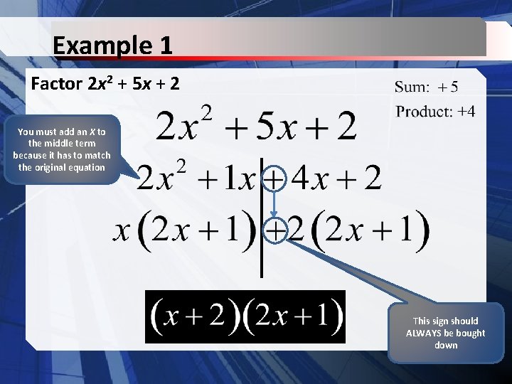Example 1 Factor 2 x 2 + 5 x + 2 You must add