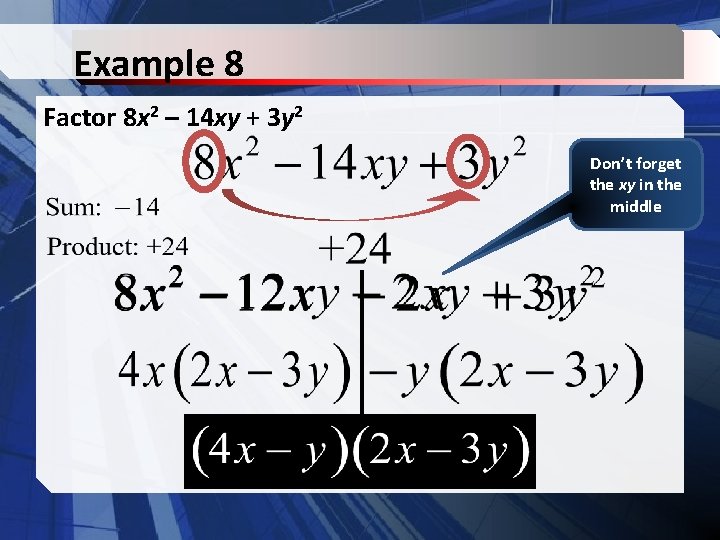 Example 8 Factor 8 x 2 – 14 xy + 3 y 2 Don’t