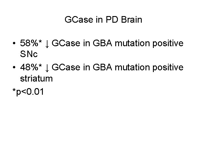 GCase in PD Brain • 58%* ↓ GCase in GBA mutation positive SNc •