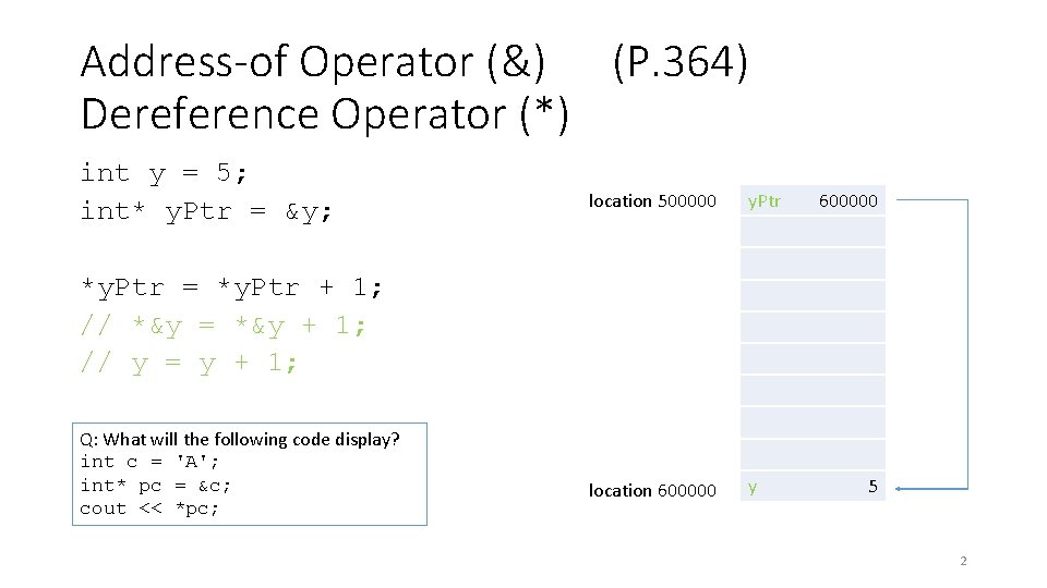 Address-of Operator (&) (P. 364) Dereference Operator (*) int y = 5; int* y.