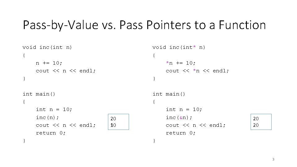 Pass-by-Value vs. Pass Pointers to a Function void inc(int n) { n += 10;