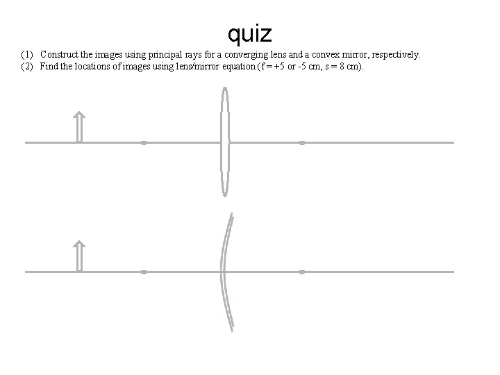 quiz (1) Construct the images using principal rays for a converging lens and a quiz (1) Construct the images using principal rays for a converging lens and a