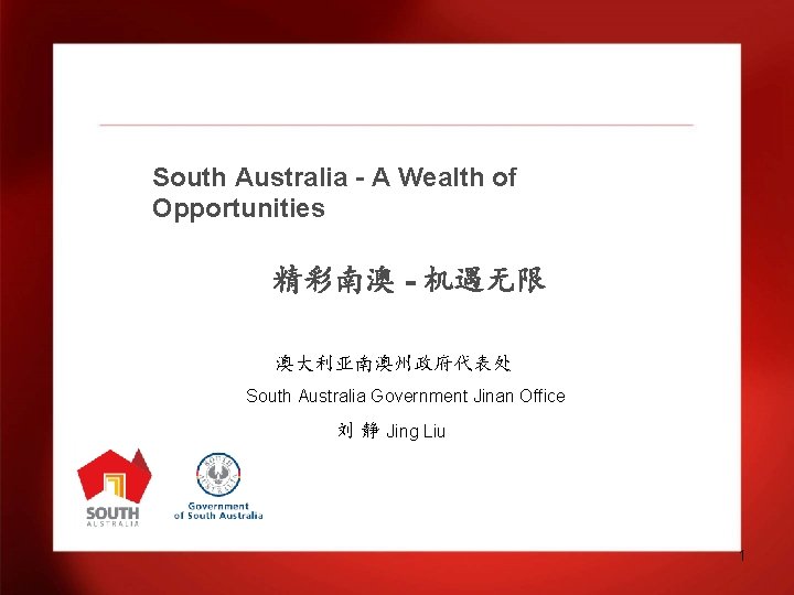 South Australia - A Wealth of Opportunities 精彩南澳 - 机遇无限 澳大利亚南澳州政府代表处 South Australia Government
