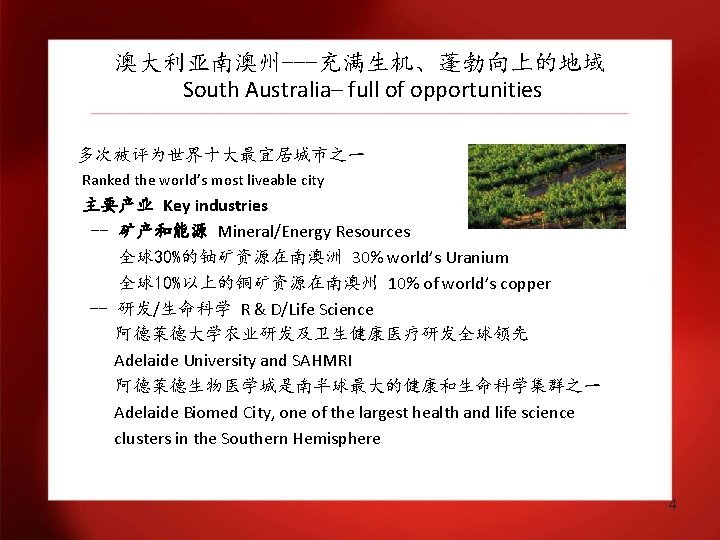 澳大利亚南澳州---充满生机、蓬勃向上的地域 South Australia– full of opportunities 多次被评为世界十大最宜居城市之一 Ranked the world’s most liveable city 主要产业