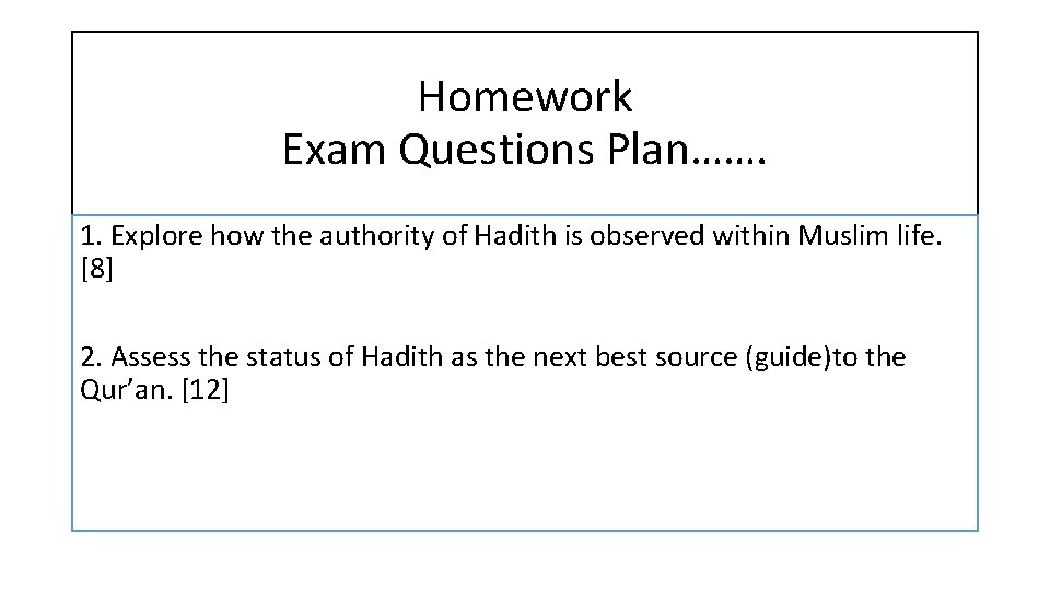 Homework Exam Questions Plan……. 1. Explore how the authority of Hadith is observed within