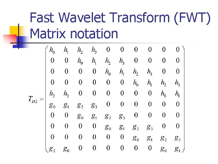 Fast Wavelet Transform (FWT) Matrix notation Fast Wavelet Transform (FWT) Matrix notation