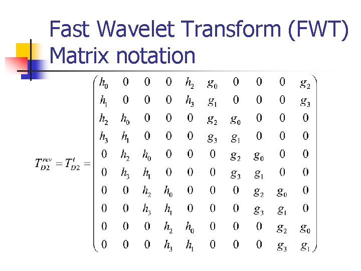 Fast Wavelet Transform (FWT) Matrix notation 