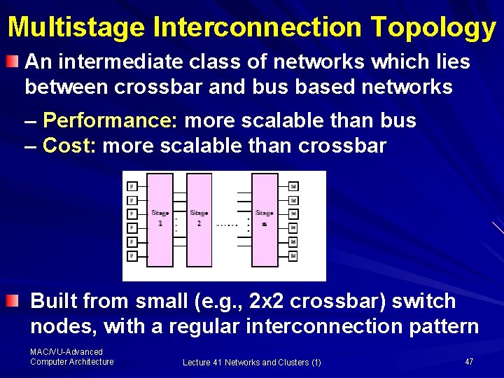 Multistage Interconnection Topology An intermediate class of networks which lies between crossbar and bus