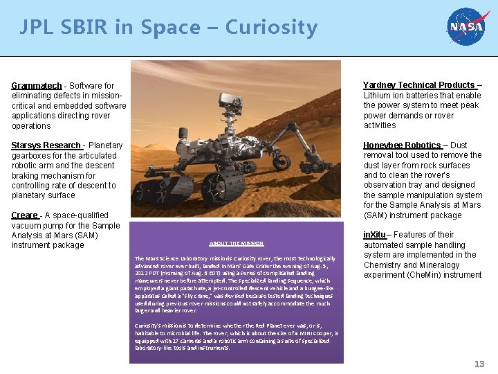 JPL SBIR in Space – Curiosity Grammatech - Software for eliminating defects in missioncritical