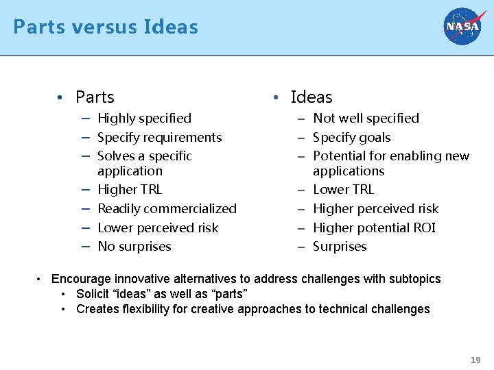 Parts versus Ideas • Parts – Highly specified – Specify requirements – Solves a