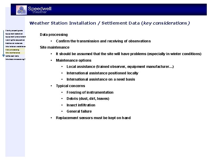Weather Station Installation / Settlement Data (key considerations) Clarify project goals Equipment selection Equipment