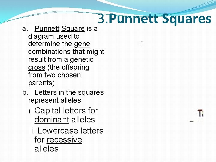 3. Punnett Squares a. Punnett Square is a diagram used to determine the gene
