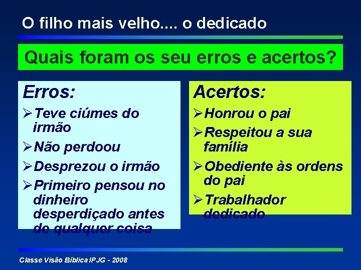 O filho mais velho. . o dedicado Quais foram os seu erros e acertos?