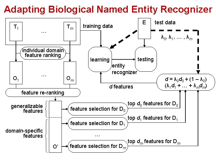 Adapting Biological Named Entity Recognizer T 1 Tm … E training data test data