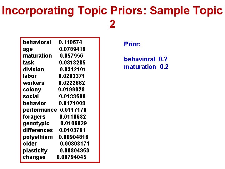 Incorporating Topic Priors: Sample Topic 2 behavioral 0. 110674 age 0. 0789419 maturation 0.