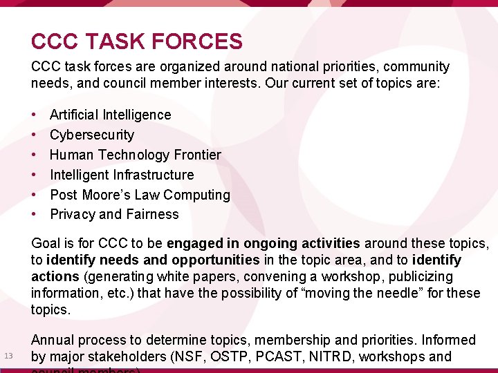 CCC TASK FORCES CCC task forces are organized around national priorities, community needs, and