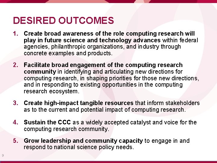 DESIRED OUTCOMES 1. Create broad awareness of the role computing research will play in