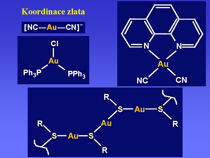 Koordinace zlata [ NC — Au — CN ] – Cl N Au Ph