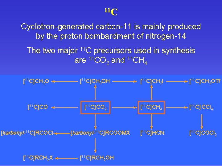 11 C Cyclotron-generated carbon-11 is mainly produced by the proton bombardment of nitrogen-14 The