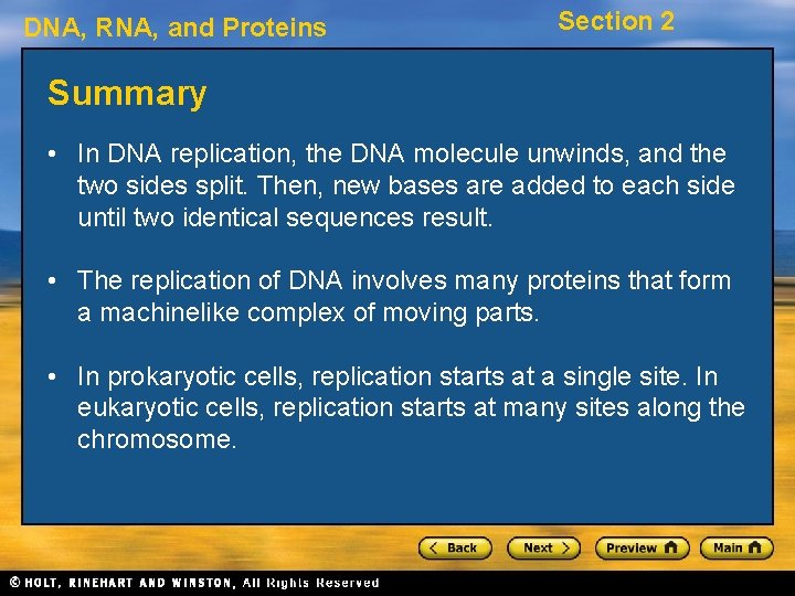 DNA, RNA, and Proteins Section 2 Summary • In DNA replication, the DNA molecule