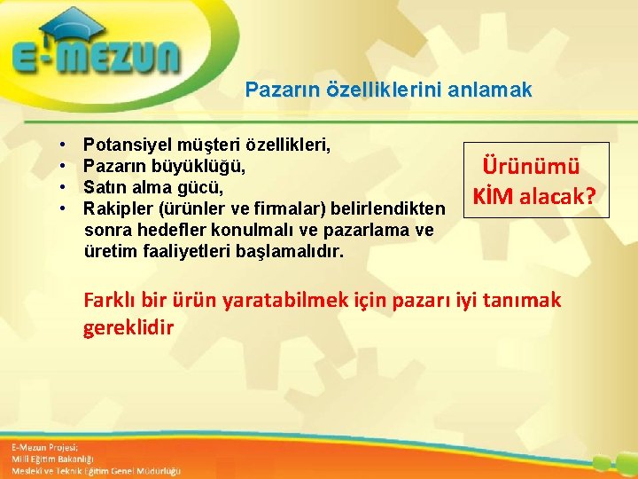 Pazarın özelliklerini anlamak • • Potansiyel müşteri özellikleri, Pazarın büyüklüğü, Satın alma gücü, Rakipler