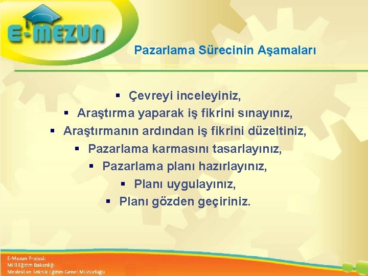 Pazarlama Sürecinin Aşamaları § Çevreyi inceleyiniz, § Araştırma yaparak iş fikrini sınayınız, § Araştırmanın