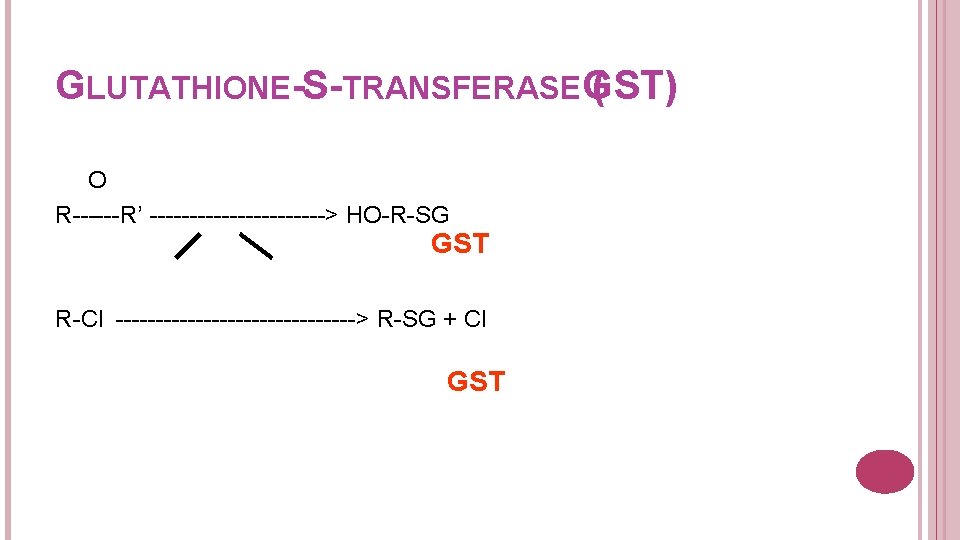 GLUTATHIONE-S-TRANSFERASE GST) ( O R------R’ -----------> HO-R-SG GST R-Cl ---------------> R-SG + Cl GST