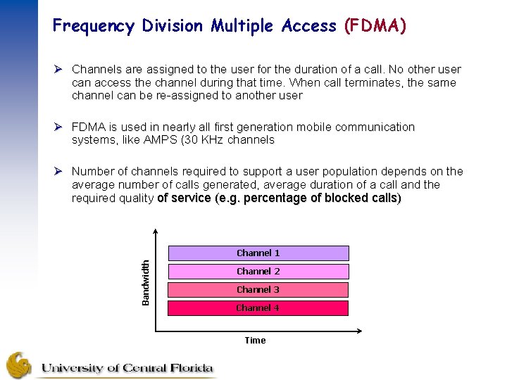 Frequency Division Multiple Access (FDMA) Ø Channels are assigned to the user for the