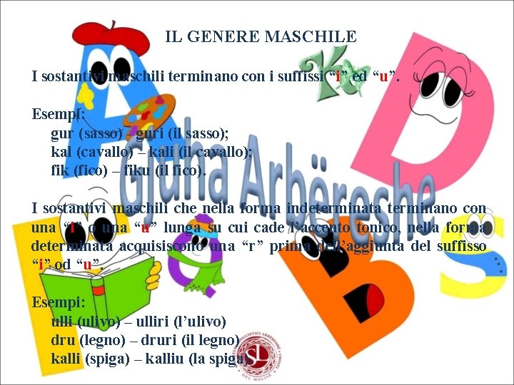 IL GENERE MASCHILE I sostantivi maschili terminano con i suffissi “i” ed “u”. Esempi: