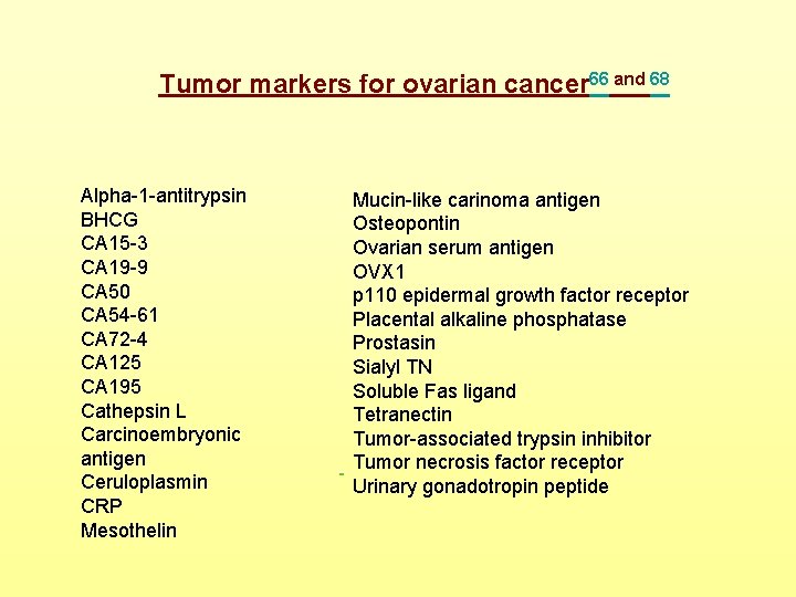 Tumor markers for ovarian cancer 66 and 68 Alpha-1 -antitrypsin BHCG CA 15 -3