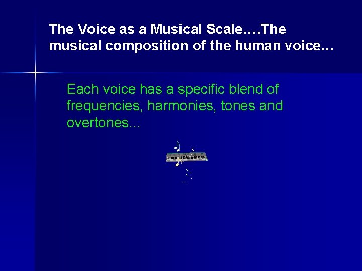 The Voice as a Musical Scale…. The musical composition of the human voice… Each The Voice as a Musical Scale…. The musical composition of the human voice… Each