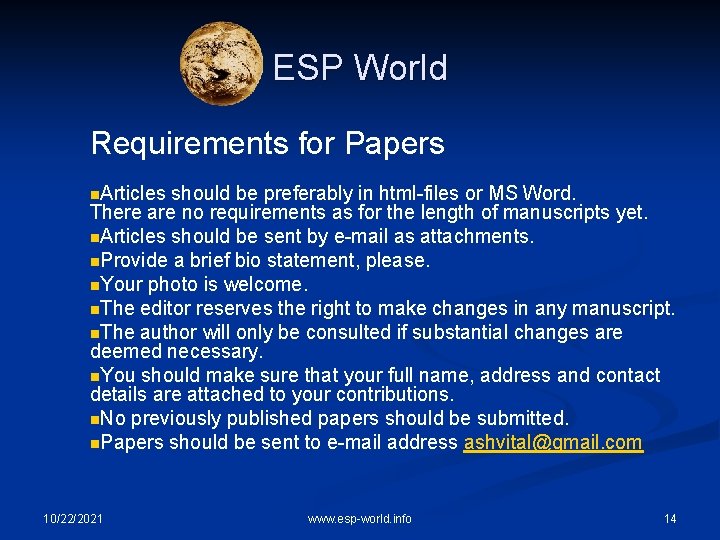 ESP World Requirements for Papers n. Articles should be preferably in html-files or MS