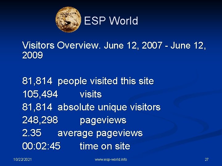 ESP World Visitors Overview. June 12, 2007 - June 12, 2009 81, 814 people