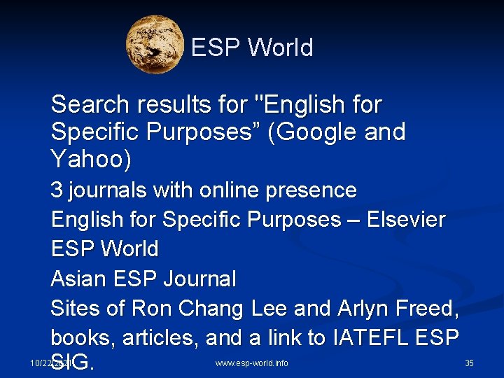 ESP World Search results for "English for Specific Purposes” (Google and Yahoo) 3 journals