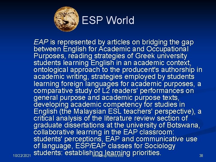 ESP World 10/22/2021 EAP is represented by articles on bridging the gap between English