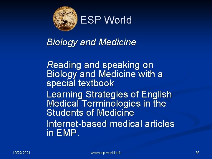 ESP World Biology and Medicine Reading and speaking on Biology and Medicine with a