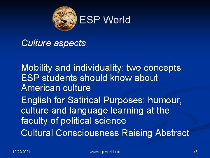 ESP World Culture aspects Mobility and individuality: two concepts ESP students should know about