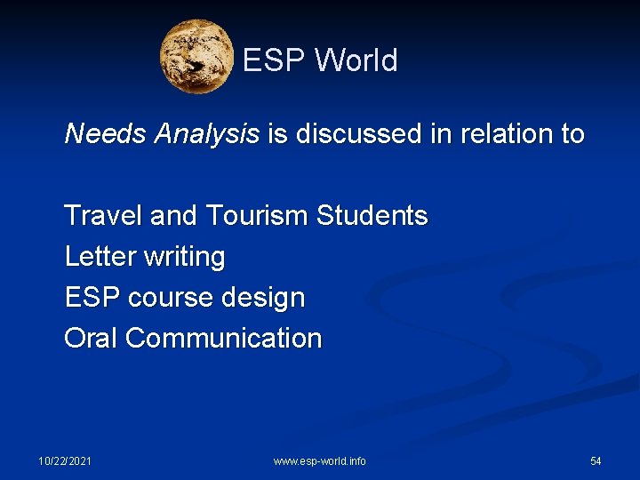 ESP World Needs Analysis is discussed in relation to Travel and Tourism Students Letter