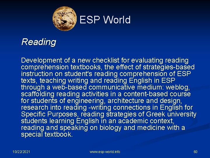 ESP World Reading Development of a new checklist for evaluating reading comprehension textbooks, the