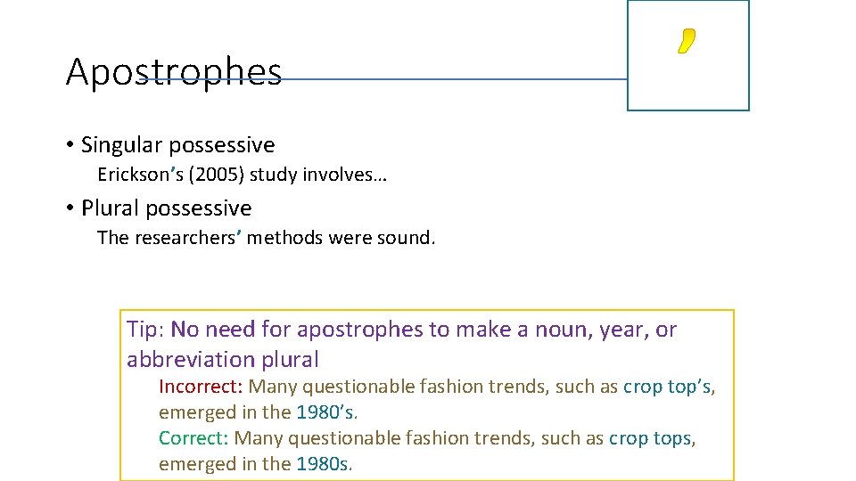 Apostrophes • Singular possessive Erickson’s (2005) study involves… • Plural possessive The researchers’ methods